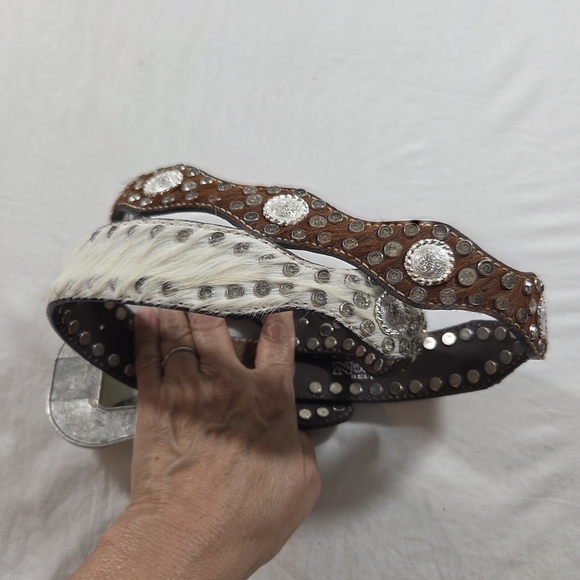 Nocona Accessories - NOCONA Belt Leather Brown White Western Belt Silver Details Cowhide Large Unisex